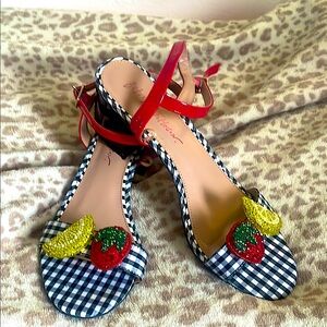 Betsey Johnson-Gingham Sandals with Fruit Accents